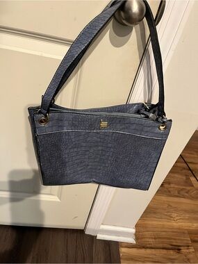 London Fog Slate Blue Croc-Embossed Shoulder Bag